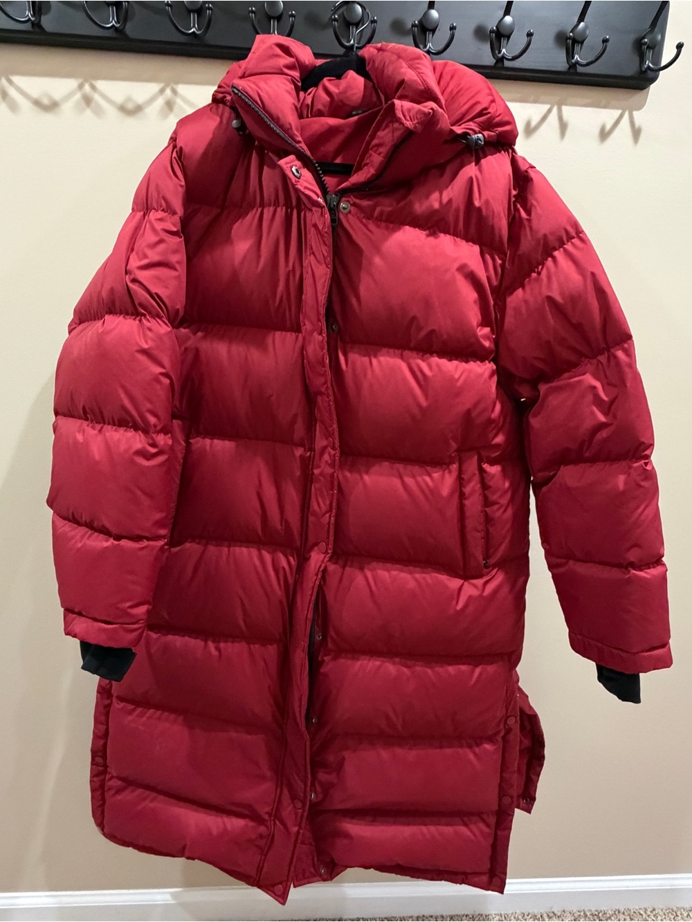 Quince Women’s Responsible Goode Cherry Red Long Puffer Coat with Hood Sz XL